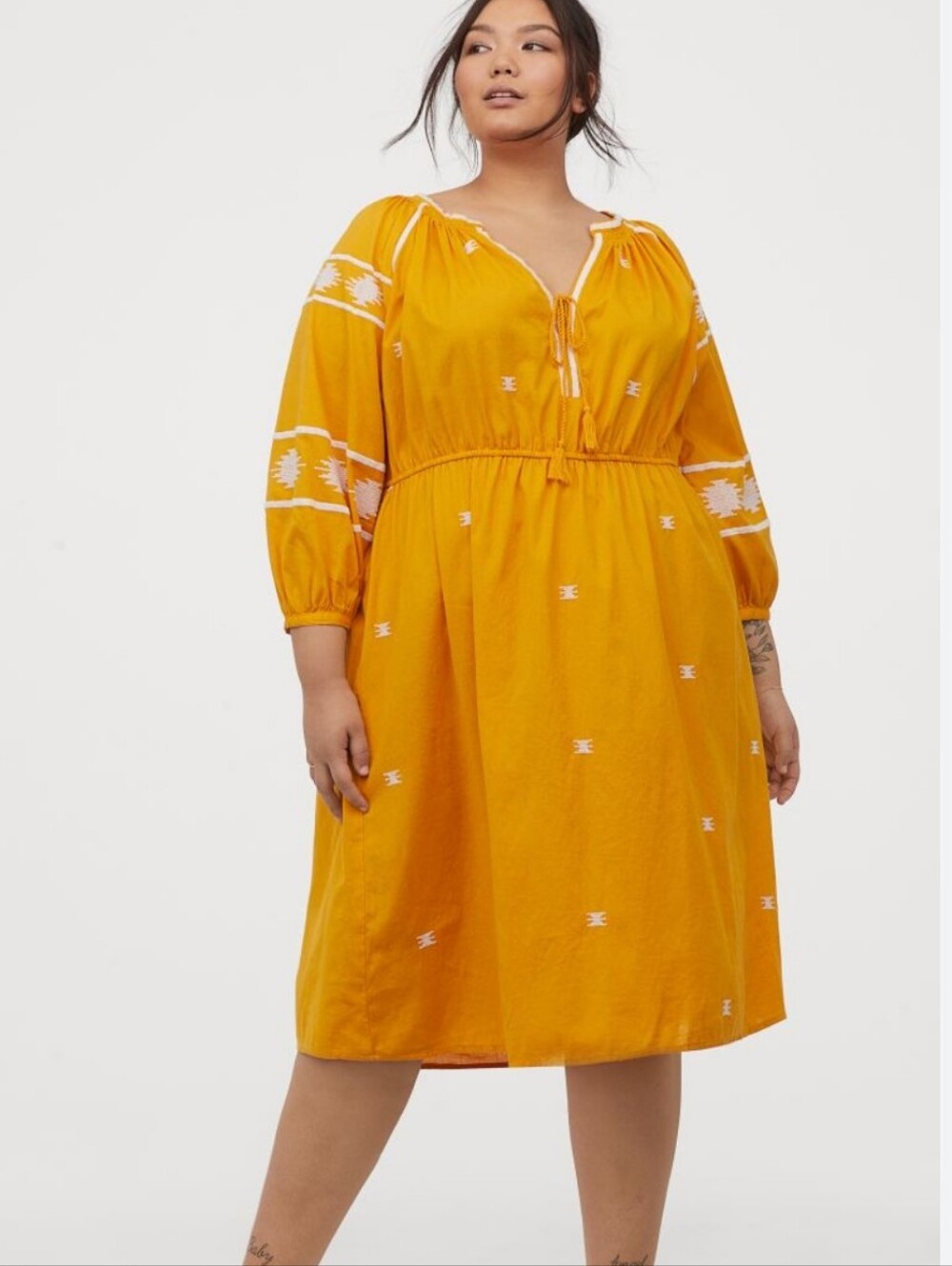 H&M Golden Yellow Embroidered Long Sleeve Cotton Midi Dress Size XXL